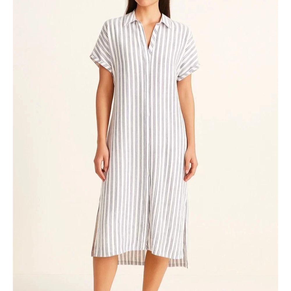Lucky Brand Dress Womens Small White Striped Linen Resort Beach Minimalist Midi